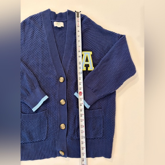 aerie 100% Cotton Waffle Knit Letter A Varsity Navy Cardigan Medium V Neck - Picture 2 of 11